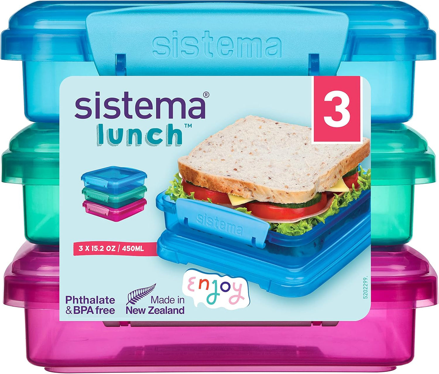 Systém sendvičových boxů na oběd | 450 ml | stohovatelný a vzduchotěsný obědový box s víkem | pro děti i dospělé | bez BPA | smíšené barvy | 3 kusy Boxy na potraviny Naty Shop 3 X 450 Ml