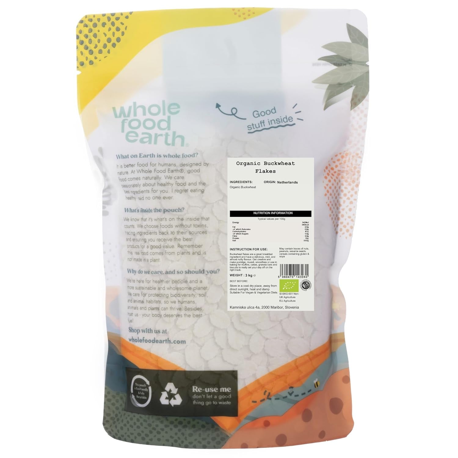 Pohankové vločky v bio kvalitě – 3 kg | Surový | Bez GMO | Vegan | Zdroj vlákniny | Certifikované organické