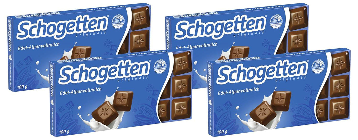 Schogetten Premium tyčinka z alpského mléka, 100g, jednotlivě porcovaná. Potěšení. Kousek po kousku.