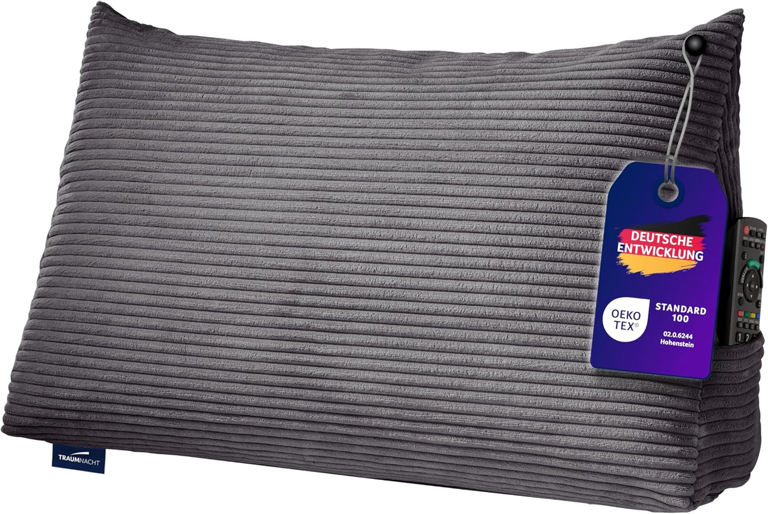 Polštář na čtení Traumnacht Cozy Back Cushion, 70 x 40 cm tmavě šedý, snímatelný a pratelný potah ze 100% polyesteru, praktická boční kapsa, certifikováno Oeko-Tex, vyrobeno podle německých norem kvality