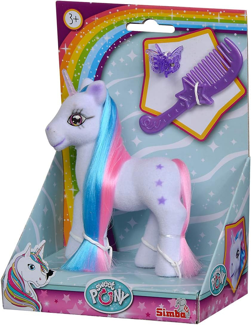 Simba 104342482 - Jednorožec s barvenými vlasy, 14 cm, vločkovaný, s hřebínkem a sponkami do vlasů, od 3 let Naty Shop Dolls