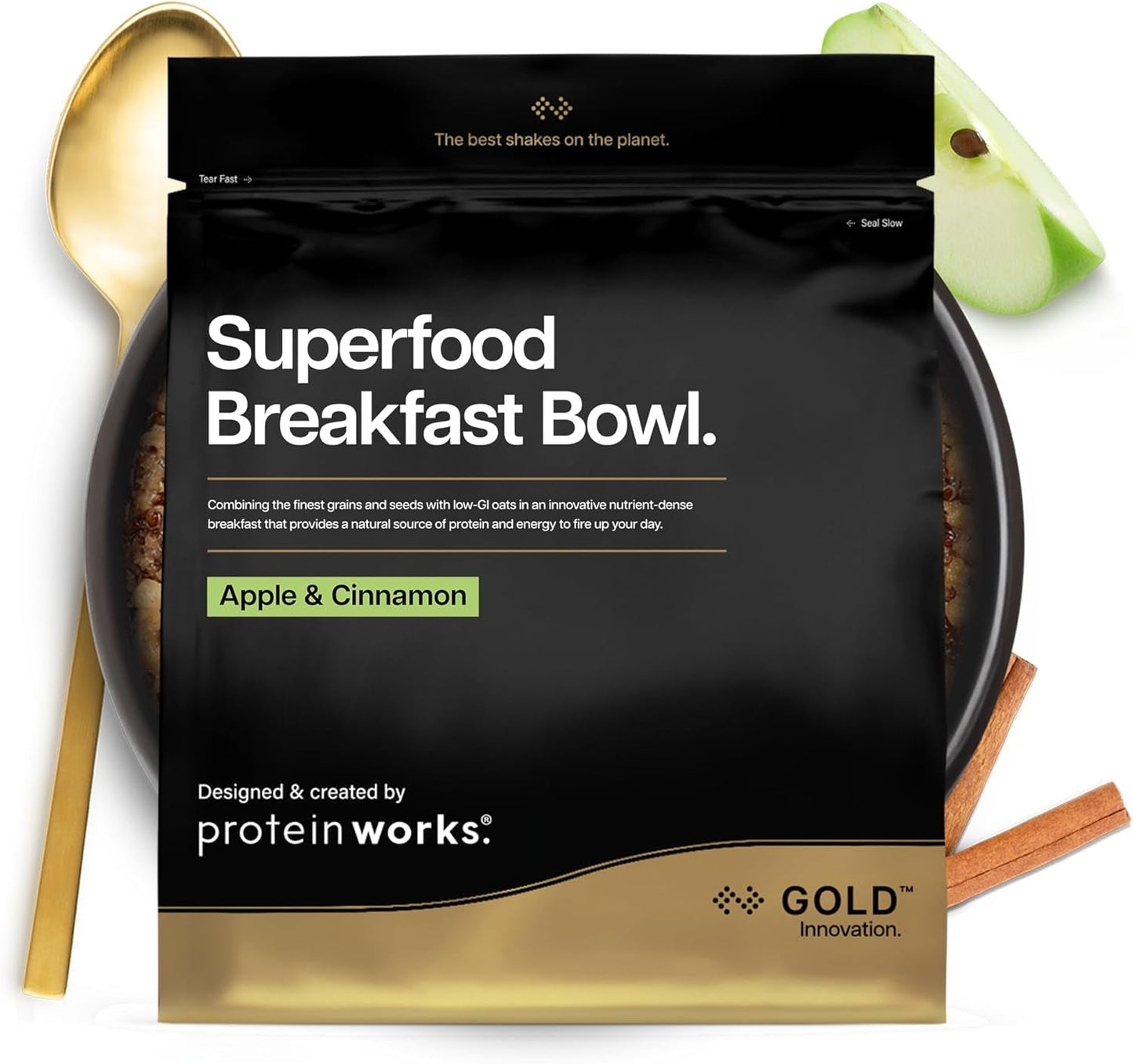 Protein funguje | Superfood Breakfast – GOLD Innovation, oceněné cereálie, proteinové müsli, bohaté na živiny s obilovinami, semínky a ovesem, s vysokým obsahem vlákniny, jablka a skořice, 10 porcí, 600 g