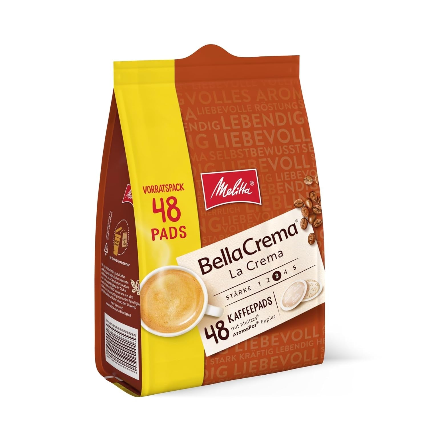 Melitta BellaCrema La Crema gemahlener Röstkaffee in Kaffee-Pad 48 Stück, Kaffeepads für Pad-Maschine, medium Röstung, geröstet in Deutschland, Stärke 3