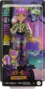 Panenka Monster High Scare Adise Island Clawdeen Wolf s plavkami, joggingovými kalhotami a plážovými doplňky, jako je kšilt, láhev s vodou a kniha