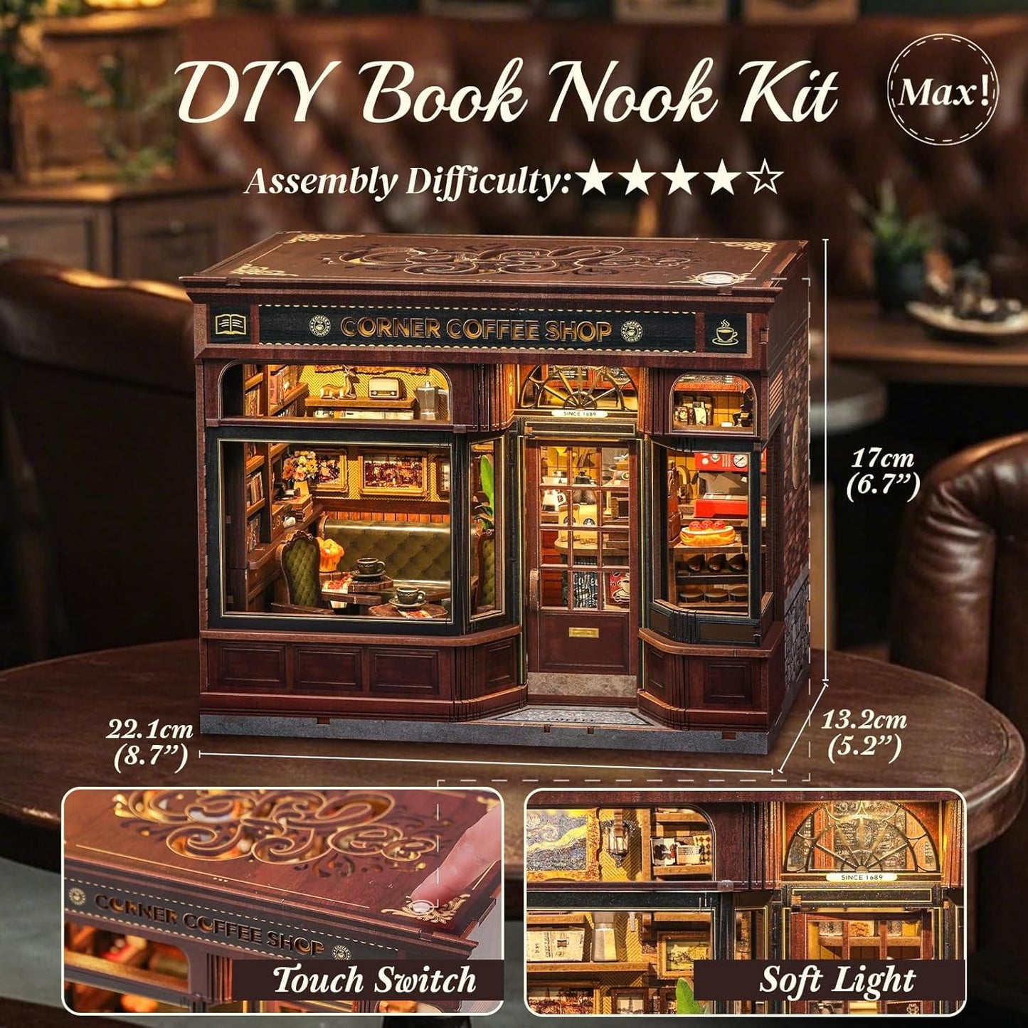 CUTEBEE Book Corner Kit – DIY domečky pro panenky, LED svítící sada miniaturního domečku pro dospělé, 3D dřevěné puzzle a stojan na knihy – dekorace a dárek do police (rohová kavárna)
