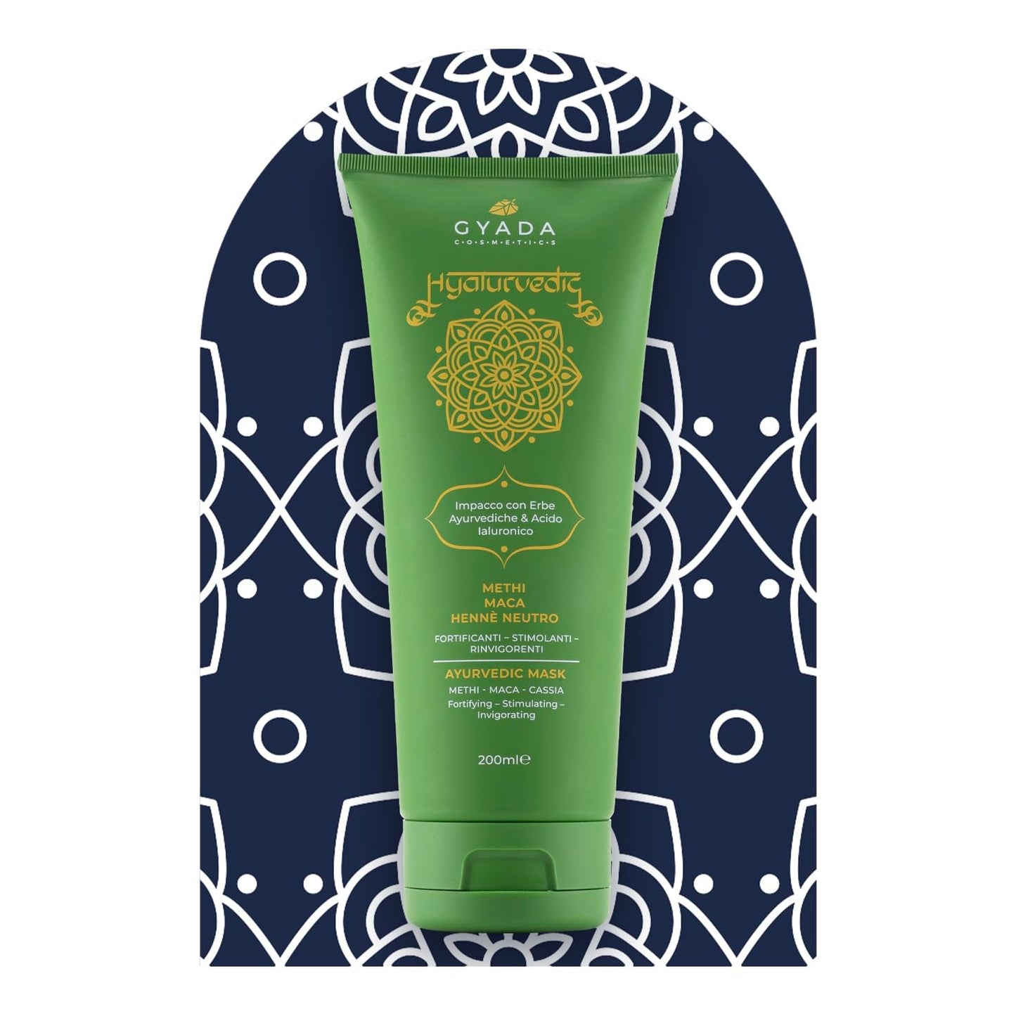 GYADA KOSMETIKA, Hyalurvédský posilující ajurvédský obklad, Profesionální ošetření pro jemné a slabé vlasy, Anti-Frizz s methi, Maca, Neutrální henna, 200 ml Naty Shop vlasová maska