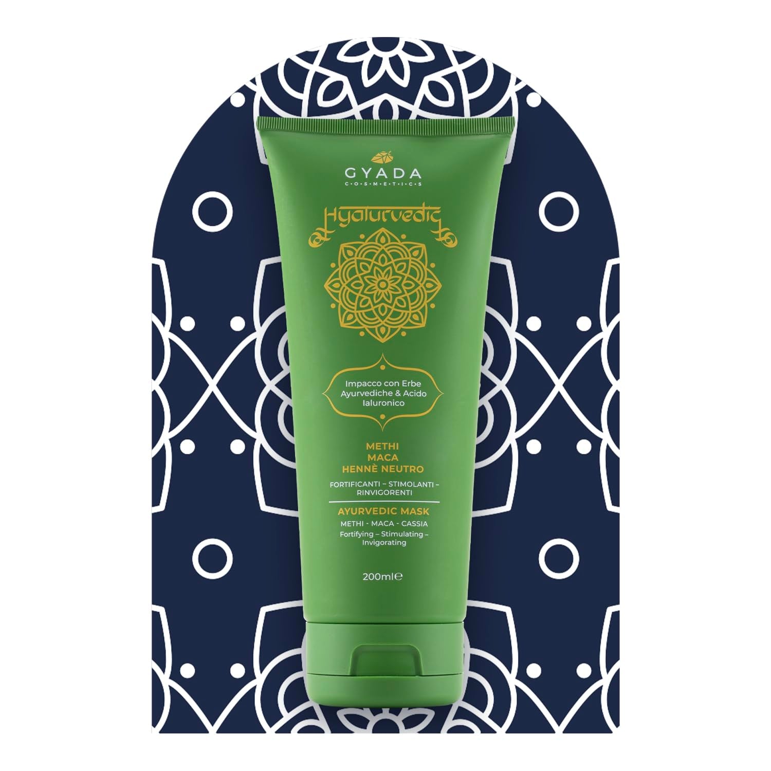 GYADA KOSMETIKA, Hyalurvédský posilující ajurvédský obklad, Profesionální ošetření pro jemné a slabé vlasy, Anti-Frizz s methi, Maca, Neutrální henna, 200 ml Naty Shop vlasová maska