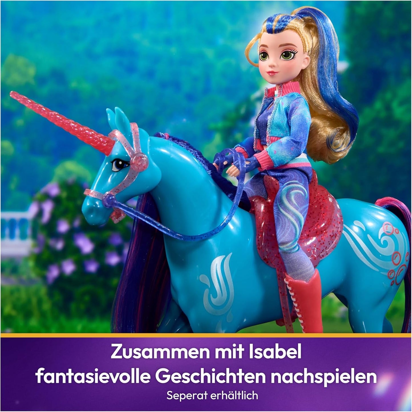 Unicorn River Unicorn Academy - 28 cm vysoký, originální jednorožec Isabel ze série Netflix, se skutečnou hřívou a ocasem, odnímatelnou uzdou a sedlem a kartáčem, pro děti od 4 let