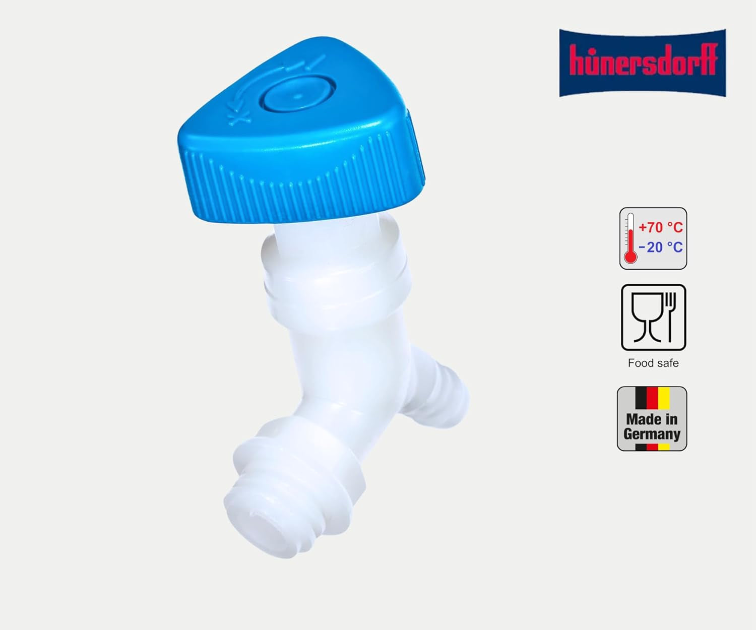 Hünersdorff | Rohový ventil | Coltara | Pro kanystry se šířkou závitu 22 mm | Hadicová přípojka 13 mm nebo 1/2" | přírodní/modrá