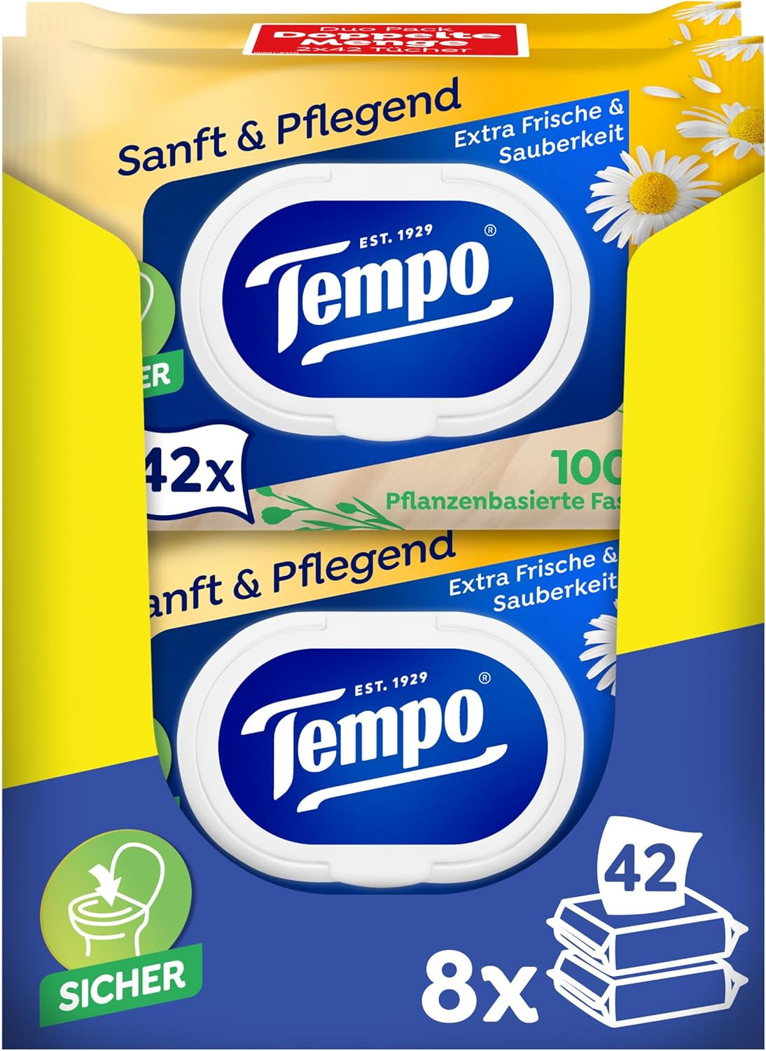 Toaletní ubrousky Tempo "Gentle & Caring" - Megapack - 16 balení po 42 ubrouscích - Duo Packs - s přírodním heřmánkem - toaletní papír, dermatologicky testovaný a neutrální vůči pH pokožky