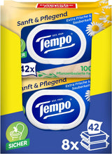 Toaletní ubrousky Tempo "Gentle & Caring" - Megapack - 16 balení po 42 ubrouscích - Duo Packs - s přírodním heřmánkem - toaletní papír, dermatologicky testovaný a neutrální vůči pH pokožky
