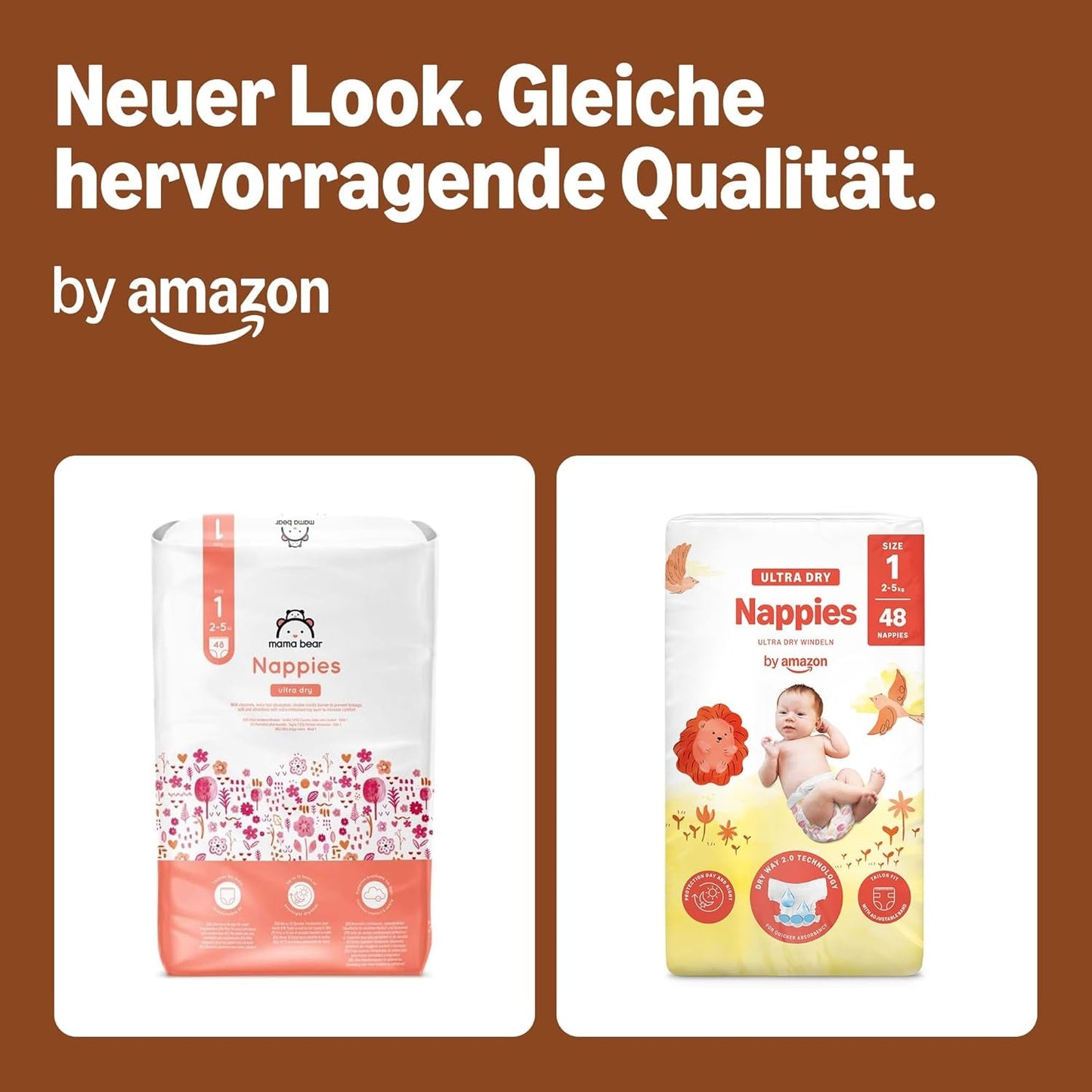 Ultra suché plenky Amazon, velikost 1 (2–5 kg) – měsíční krabička, bílá, počet 96 (2 balení po 48) (dříve značka Mama Bear, identický produkt)