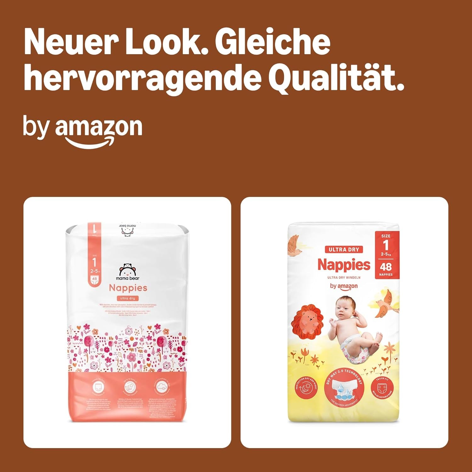 Ultra suché plenky Amazon, velikost 1 (2–5 kg) – měsíční krabička, bílá, počet 96 (2 balení po 48) (dříve značka Mama Bear, identický produkt)