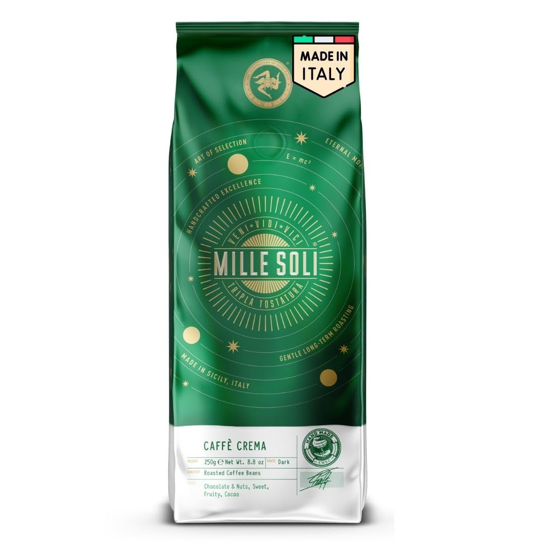 Caffè Crema - Kávová zrna pražená na Sicílii - Tradiční dlouhý proces pražení s dokonalou cremou, 250g sáček, extra nízká kyselost pro plně automatické stroje a portafiltr