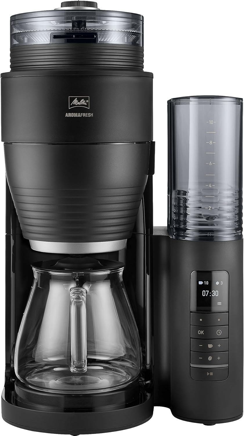 Melitta AromaFresh Therm Pro X - Espresso kávovar s filtrem, integrovaným mlýnkem, vyjímatelnou nádržkou na vodu, nerezovou termokarafou a funkcí časovače, až na 8 šálků kávy, černá/stříbrná