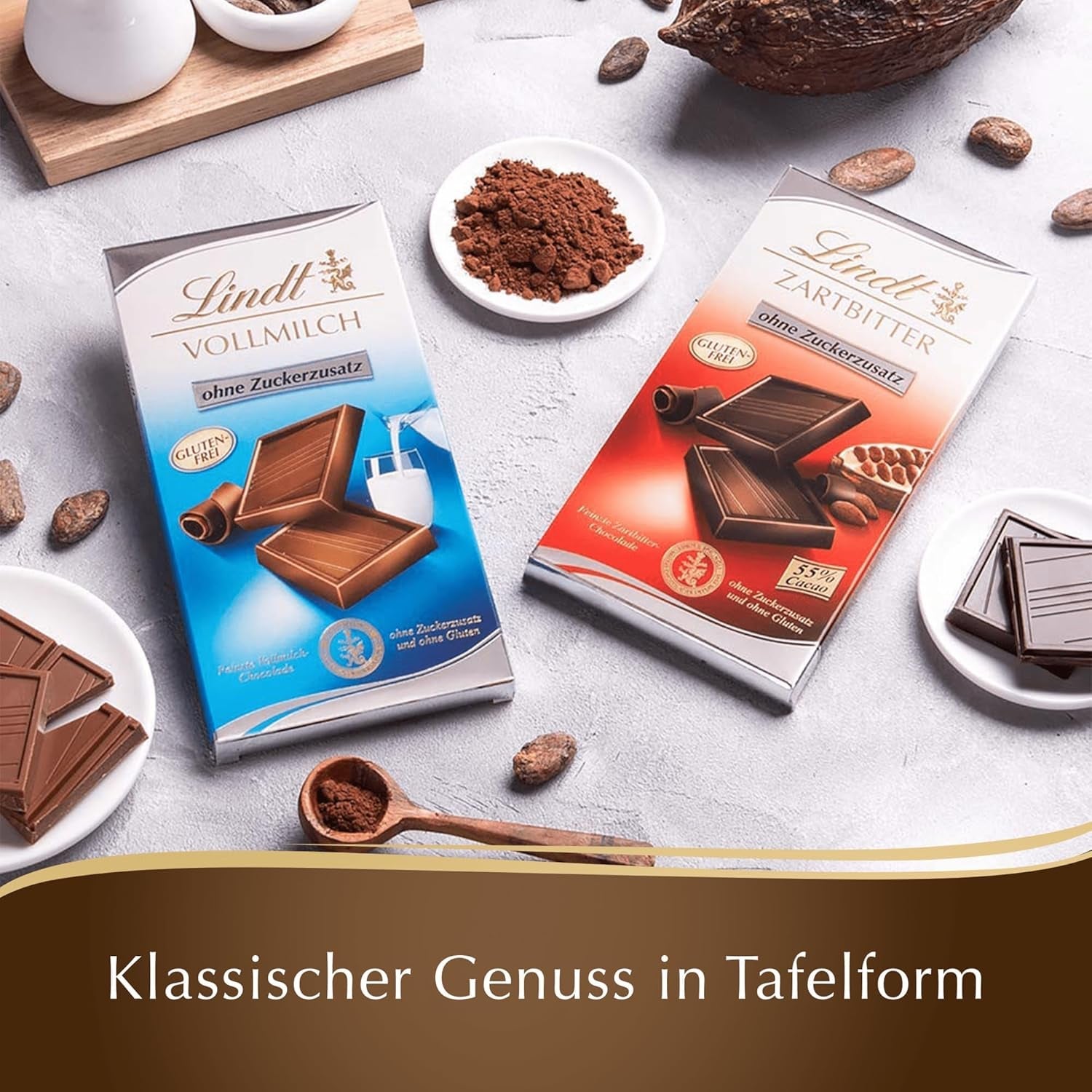 Lindt Čokoláda | Hořká čokoládová tyčinka bez přidaného cukru | 100 g | Nejjemnější hořká čokoláda s 55% kakaa, bez přidaného cukru a bez lepku | Čokoládová tyčinka bez lepku
