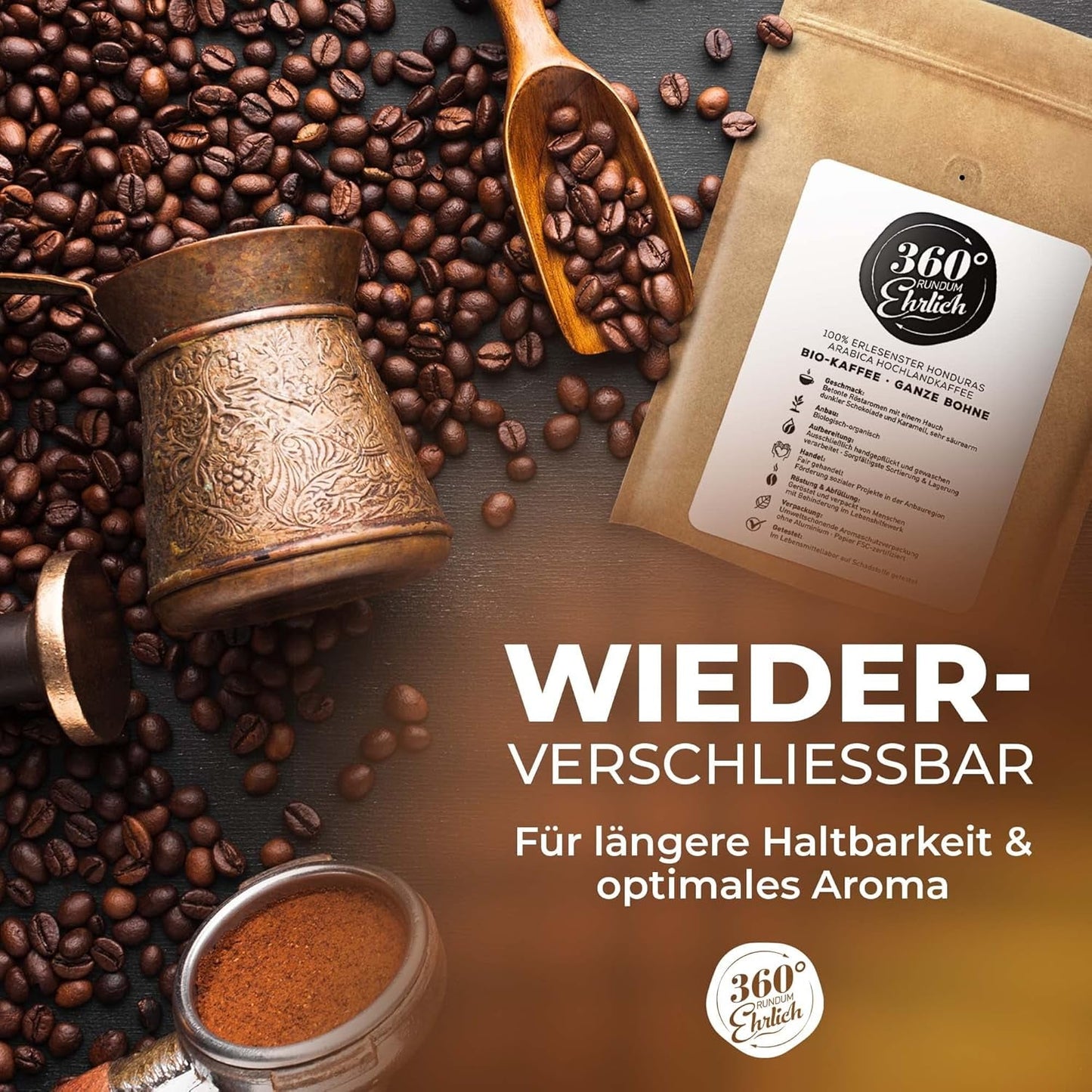 Premium Bio Kaffeebohnen 1000g, 100% Honduras Hochland Arabica Kaffeebohnen Bio - Köstlich, jemná, säurearm - Bio Kaffee ganze Bohnen - Ideal als Kaffeebohnen Vollaautomat - 360° Rundum Ehrlich