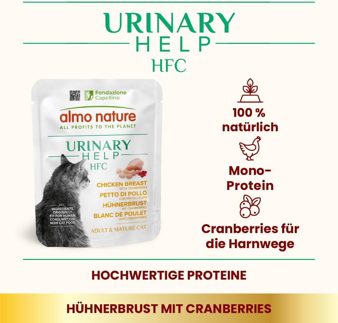Almo Nature HFC Urinary Help - Nassfutter für Katzen - Unterstützung für die Harnwege - Atlantischer Tunfisch & Cranberries - Human Grade, Monoprotein, Glutenfrei - 24x50g