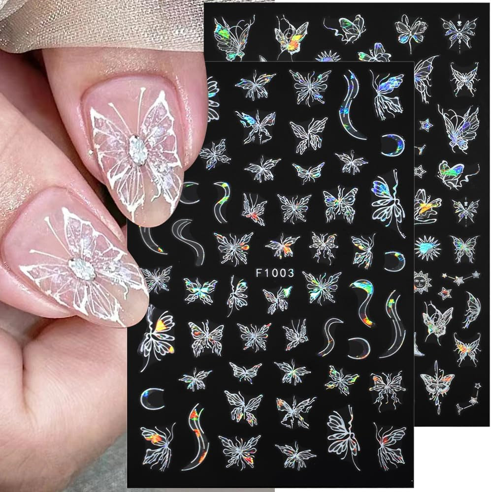 4 Blätter Holographisch Laser Weiß Schmetterling Nálepka na nehty,Y2K Aurora Schmetterlinge Stern Nálepka na nehty 3D Flamme Herz Nageldesign Nálepka na nehty Selbstklebend Nagel Nálepka Nagel Zubehör Nail Art