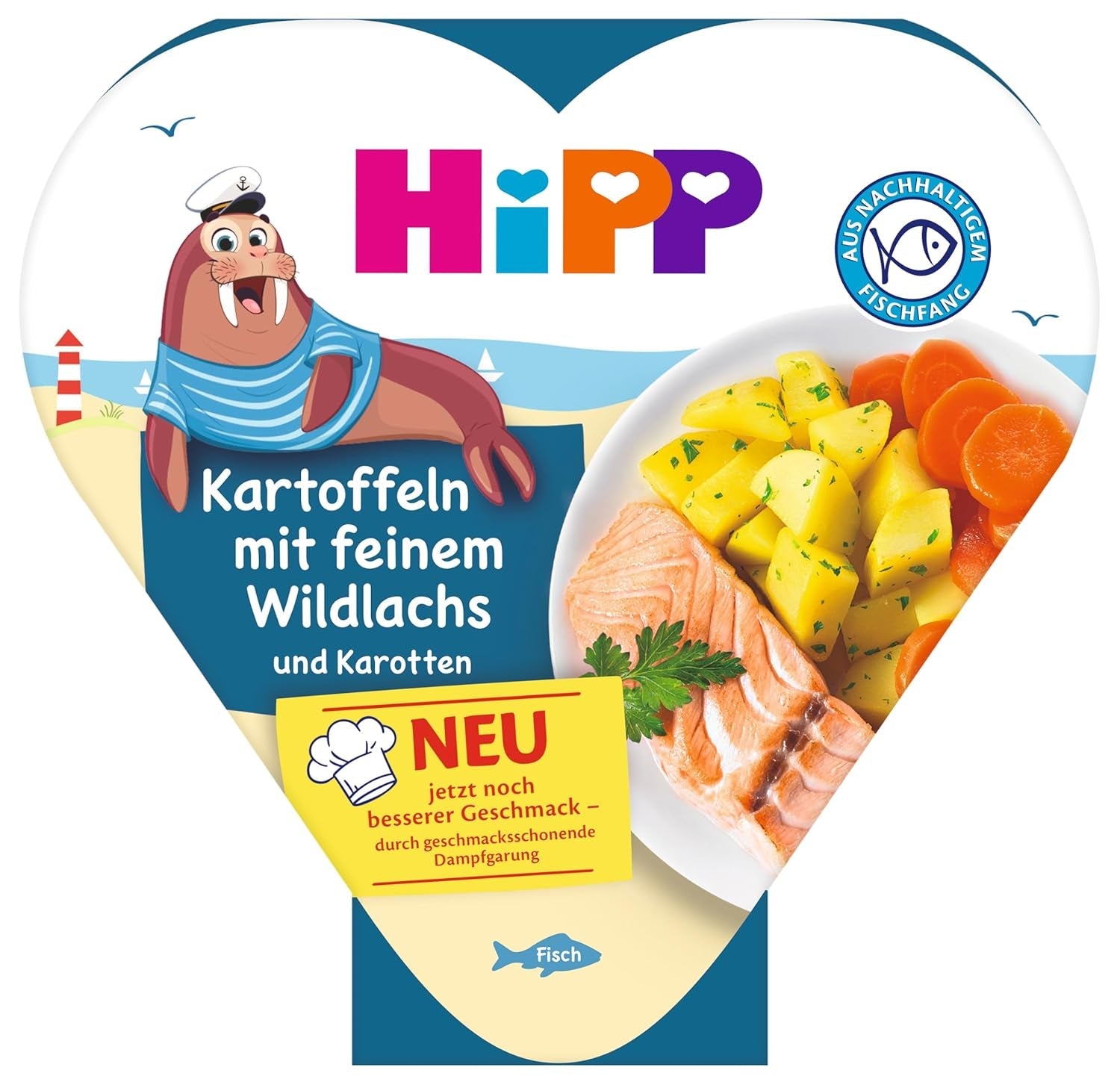 HiPP brambory s jemným divokým lososem a mrkví (6x250g), od 1 roku, lehce dušené, kořeněné pro děti, z udržitelného rybolovu