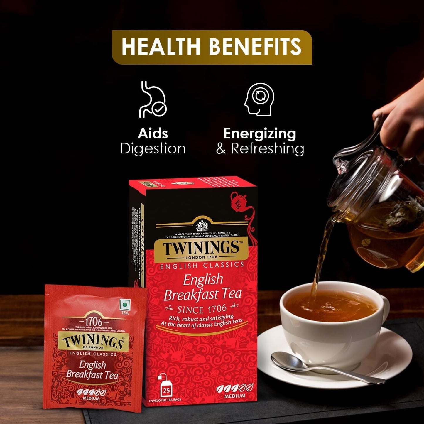 Twinings English Breakfast Black Tea 50g, 25 čajových sáčků, plný, kulatý a silný černý čaj z nejlepších čajových plantáží na Srí Lance a Indii. Černý čaj Balení 1 ks (1 x 50 g)
