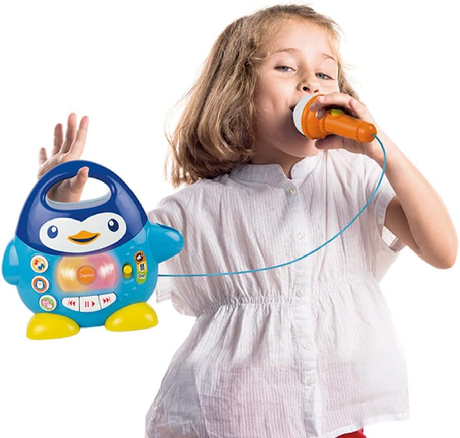 Hudební přehrávač karaoke WinFun, design tučňáka, s blikajícími světly a echo efekty, v modré barvě, hravý styl, připojení USB Baby Toys Naty Shop