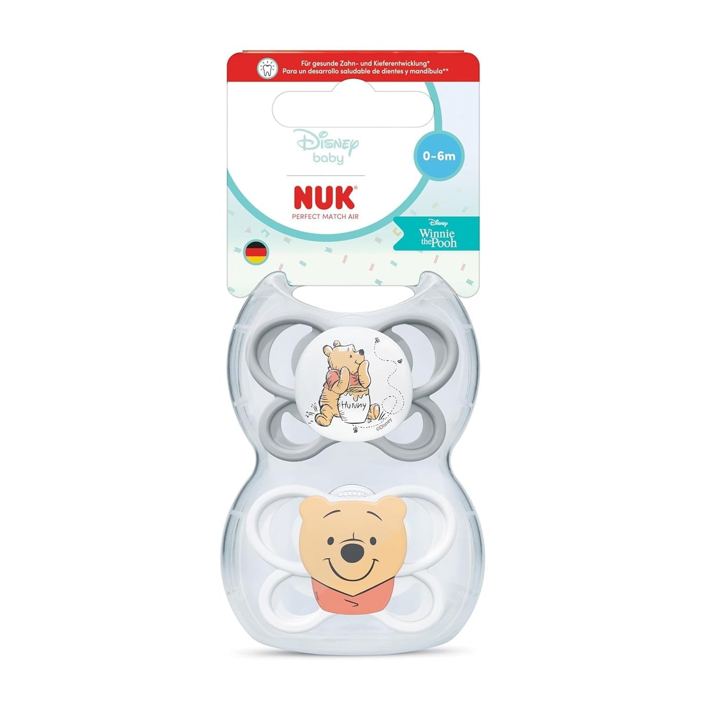 Dudlíky NUK Perfect Match pro miminka | 0-6 měsíců | Ortodontické dudlíky, které podporují cirkulaci vzduchu a zabraňují vyrážkám způsobeným slinami | 95% přijetí miminky** | Disney Medvídek Pú | Balení 2