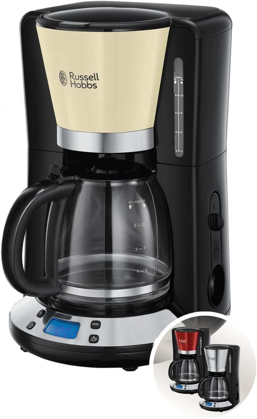 Kávovar Russell Hobbs [Digitální časovač, sprchová hlavice pro optimální odsávání a aroma] Colors+ Creme (1 až 10 šálků, 1,25 l skleněná karafa, topná deska, 1100 W) Kávovar s filtrem 24033-56