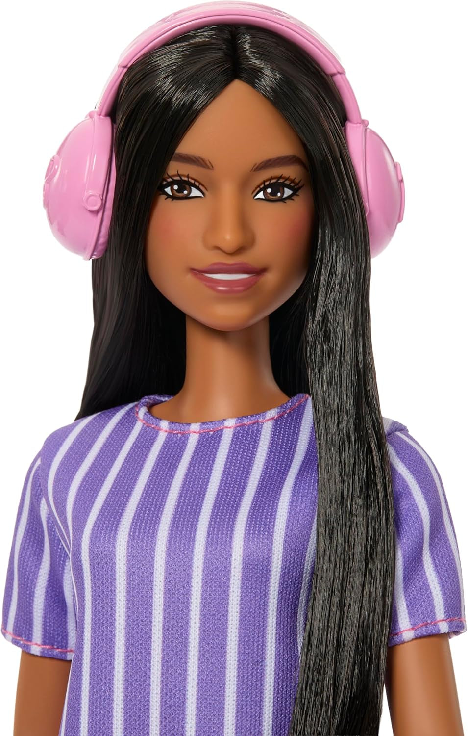 Panenka Barbie Fashionistas č. 245, autistická panenka s fialovými pruhovanými šaty a doplňky jako fidget spinner, tablet a sluchátka, JJN58