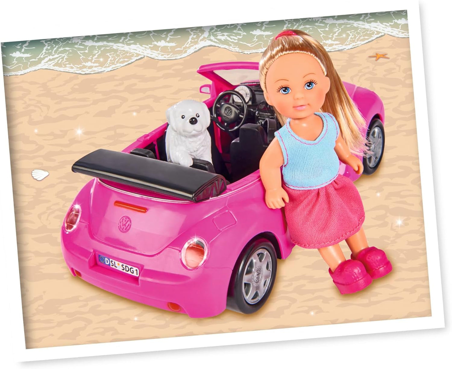 Simba 105731539 - Evi Love Beetle Evi's, Evi s autem, auto: 22 cm, se psem, módní panenka, 12 cm, pro děti od 3 let
