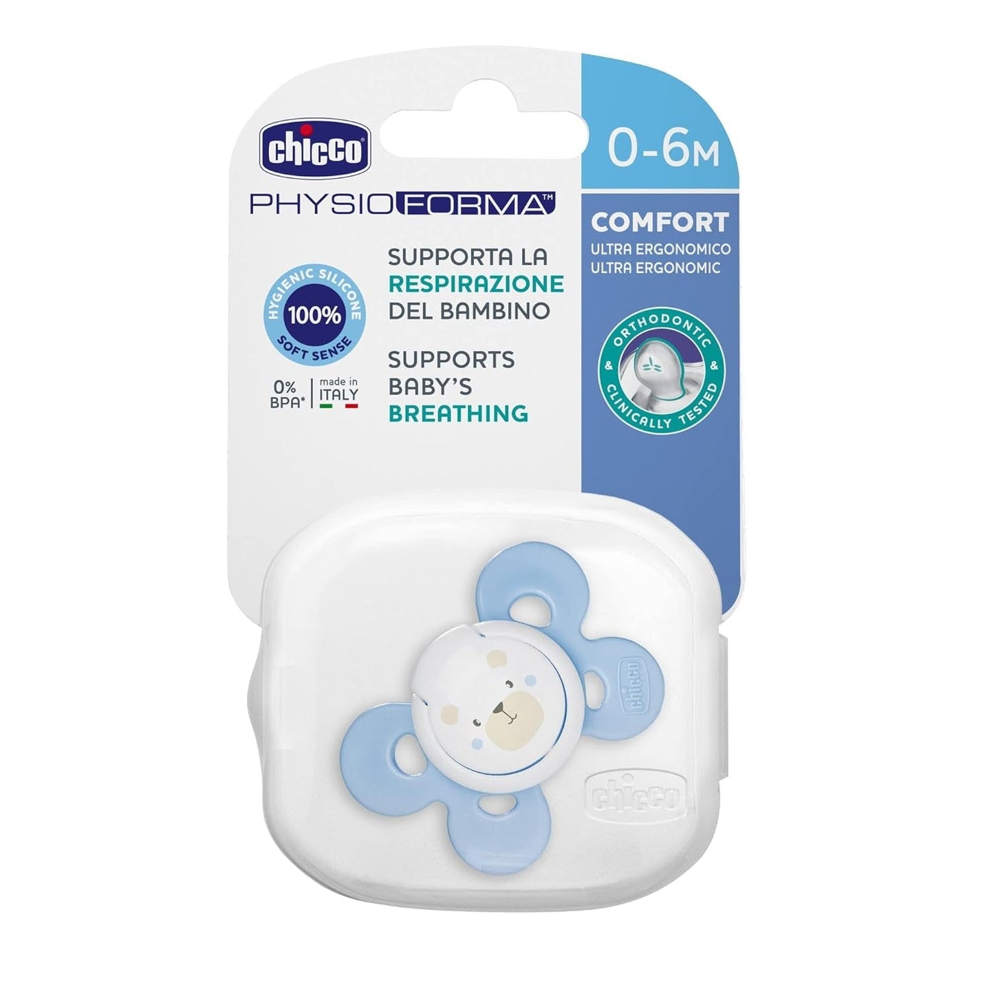 Chicco PhysioForma Comfort dudlík 16-36 měsíců, dětský dudlík se silikonovou savičkou, 1 kus, podporuje fyziologické dýchání a správný vývoj ústní dutiny, modrý