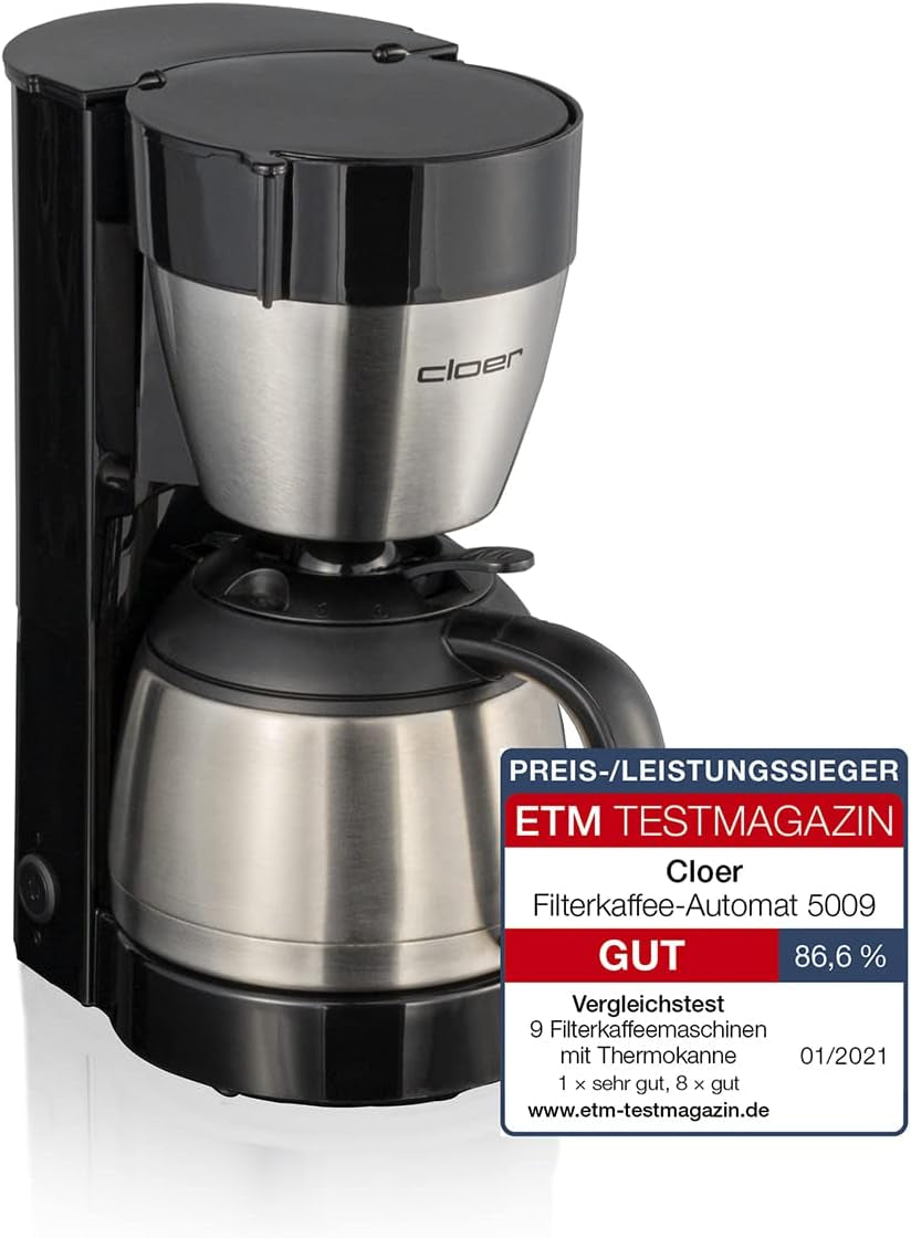 Espresso kávovar Cloer 5009 Keep Warm Filter pro až 8 šálků 800 W s izolovanou karafou z nerezové oceli 1x4 filtrační šálek černý