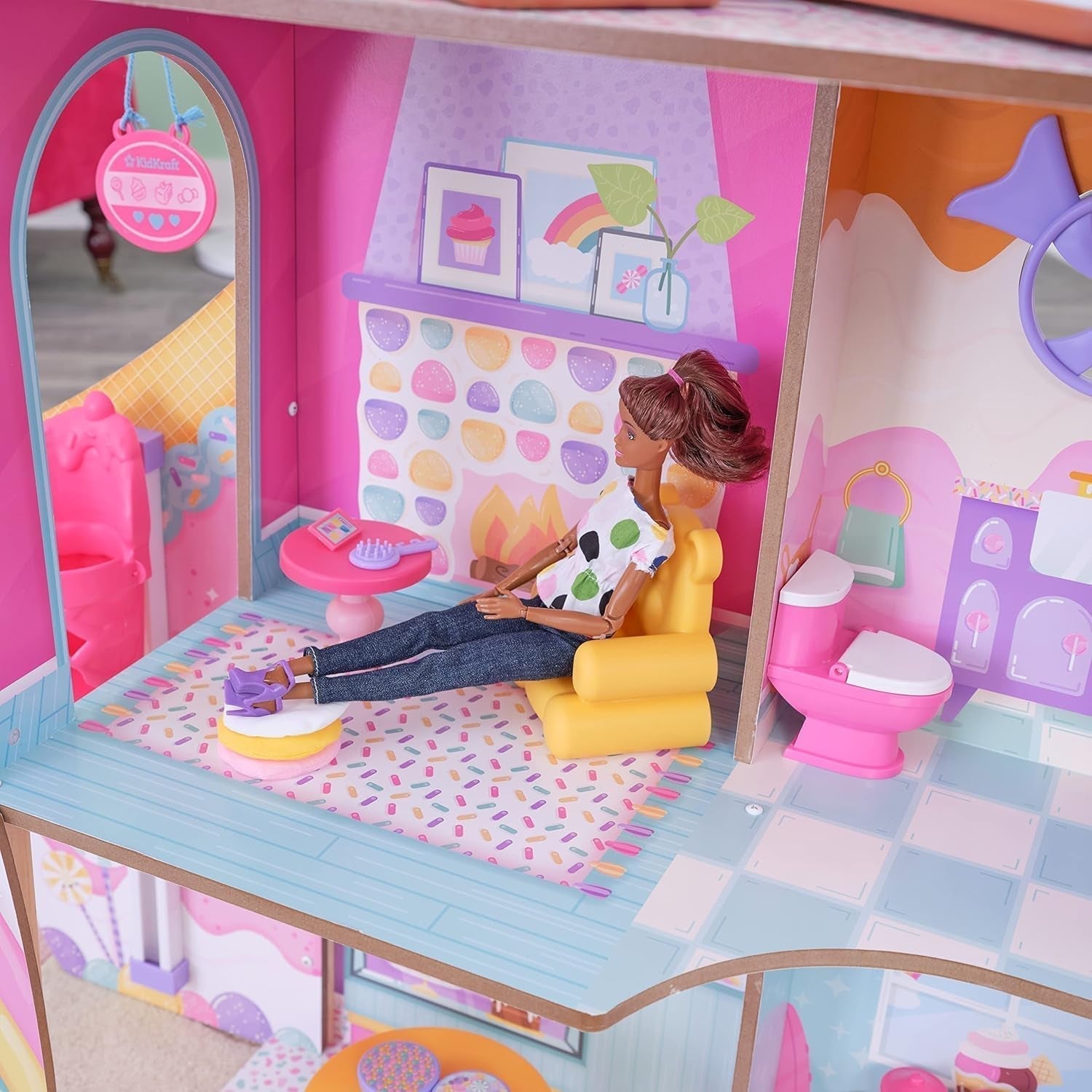 Dřevěný domeček pro panenky Kidkraft Candy Castle s nábytkem a doplňky, domeček pro lamu jednorožce, zvedák na zmrzlinový dort a gumové křeslo pro panenky, hračka pro 3 roky, 20242 domečky pro panenky Naty Shop