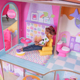 Dřevěný domeček pro panenky KidKraft Candy Castle s nábytkem a doplňky, domeček pro lamu jednorožce, elevátor zmrzlinového kužele a židlička gumového medvídka pro panenky, hračka pro děti od 3 let, 20242