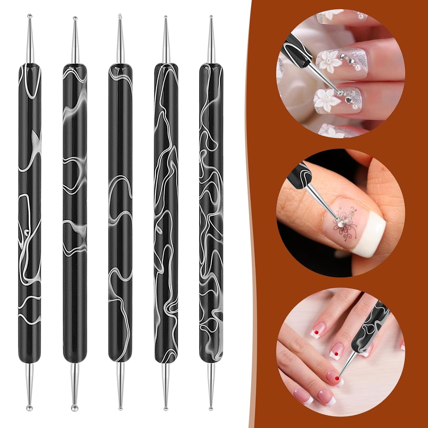 5 Stück Nail Design Tečkovací nástroje Nagelkunst Werkzeug Nagelpunkt Pinsel Punktierung Stift Marbleizing Werkzeug Für Nagelack Maniküre, Schwarz