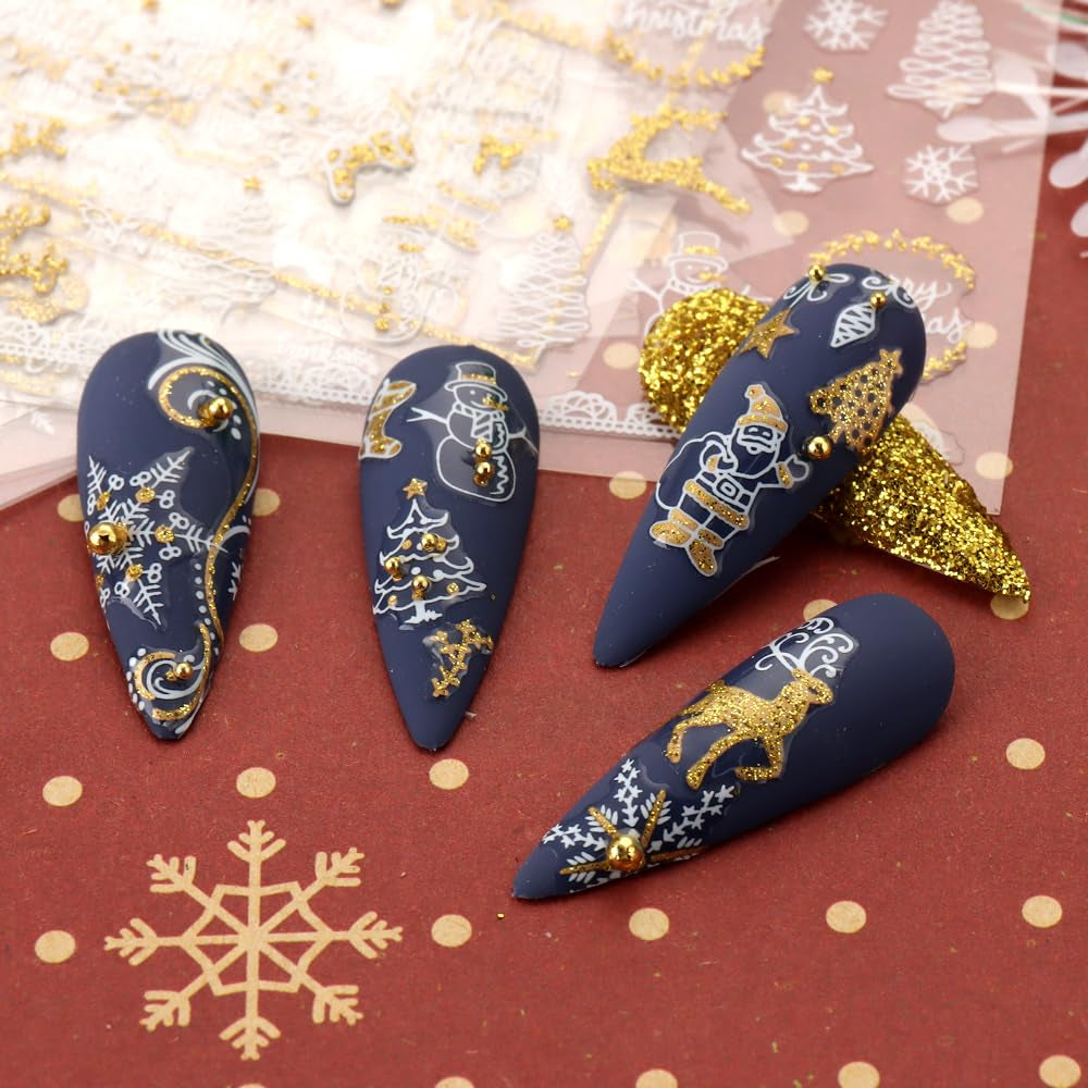 JMEOWIO Nagelsticker Weihnachten 9 Blatt Nail Art Sticker Selbtklebend Nagelaufkleber Schneeflocke Schneemann Festival Weißes Zlatá dekorace Nageldesign Zubehör