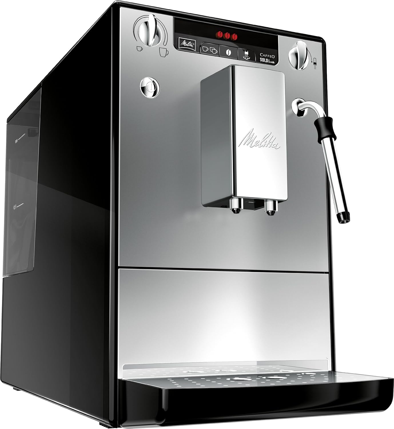 Melitta Solo & Milk - plně automatický tenký kávovar s napěňovačem mléka, kávovar s vyjímatelnou nádržkou na vodu, kupř. káva nebo cappuccino, stříbro