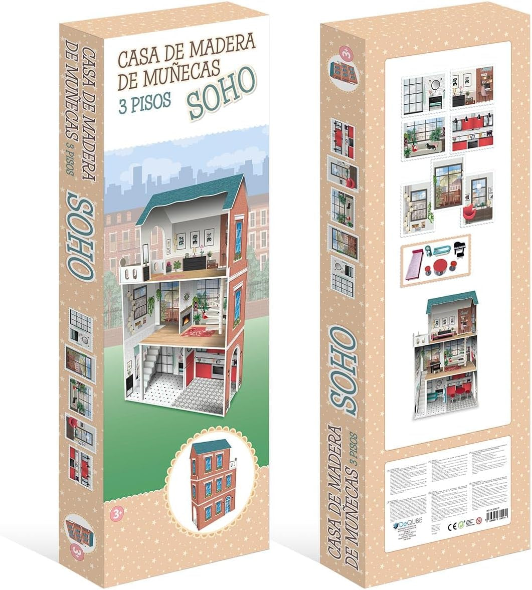 Soho-Madera designový 3patrový domeček pro panenky s 8 kusy nábytku, rozměry 120 x 33 x 75 cm (913D00181)