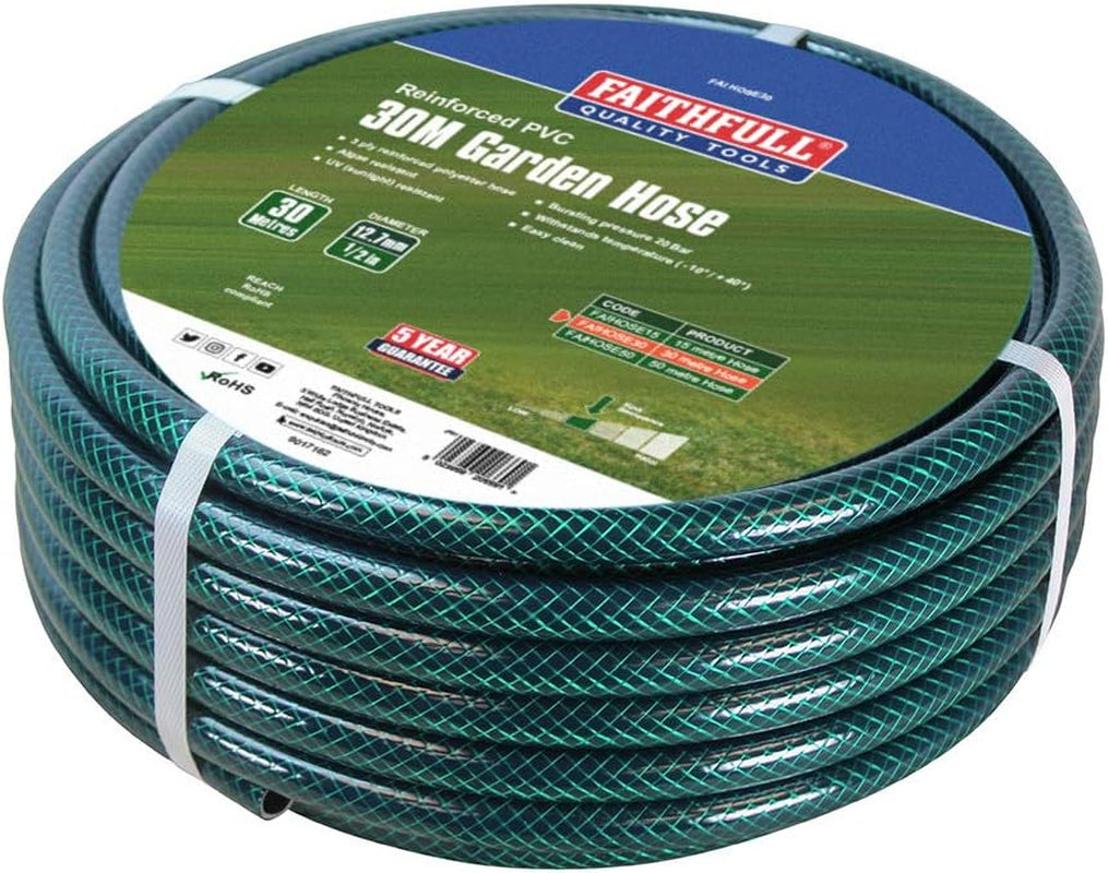 Zahradní hadice Faithfull 50 m (164 stop) Vyztužená 12,7 mm (1/2 palce) Průměr – Těžká PVC trubka, zelená