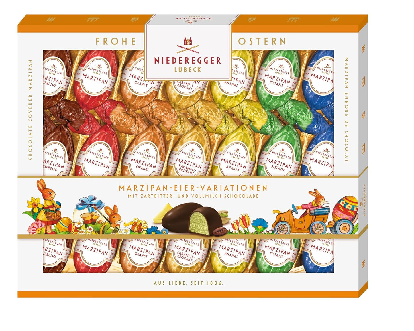 Niederegger | Marcipánová vajíčka | 1 x 262 g | Varianty: Klasika, Mléčná čokoláda, Pomeranč, Karamel Crunch, Ananas, Espresso a Pistácie | Polévaný hořkou a mléčnou čokoládou | velikonoční dárek