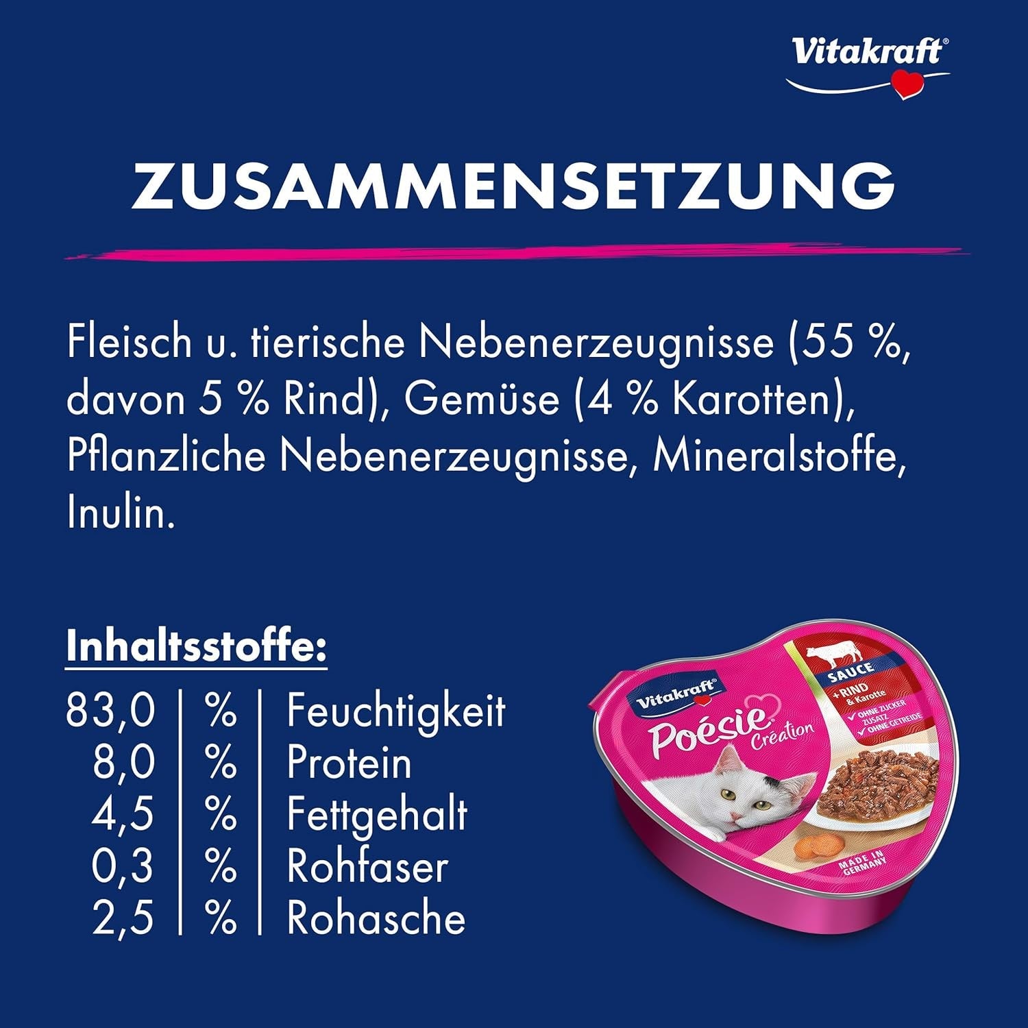 Vitakraft Poésie Création, mokré krmivo pro kočky, mokré krmivo v omáčce, s hovězím masem a mrkví, hromadné balení, bez přidaného cukru nebo obilovin (15 x 85 g)