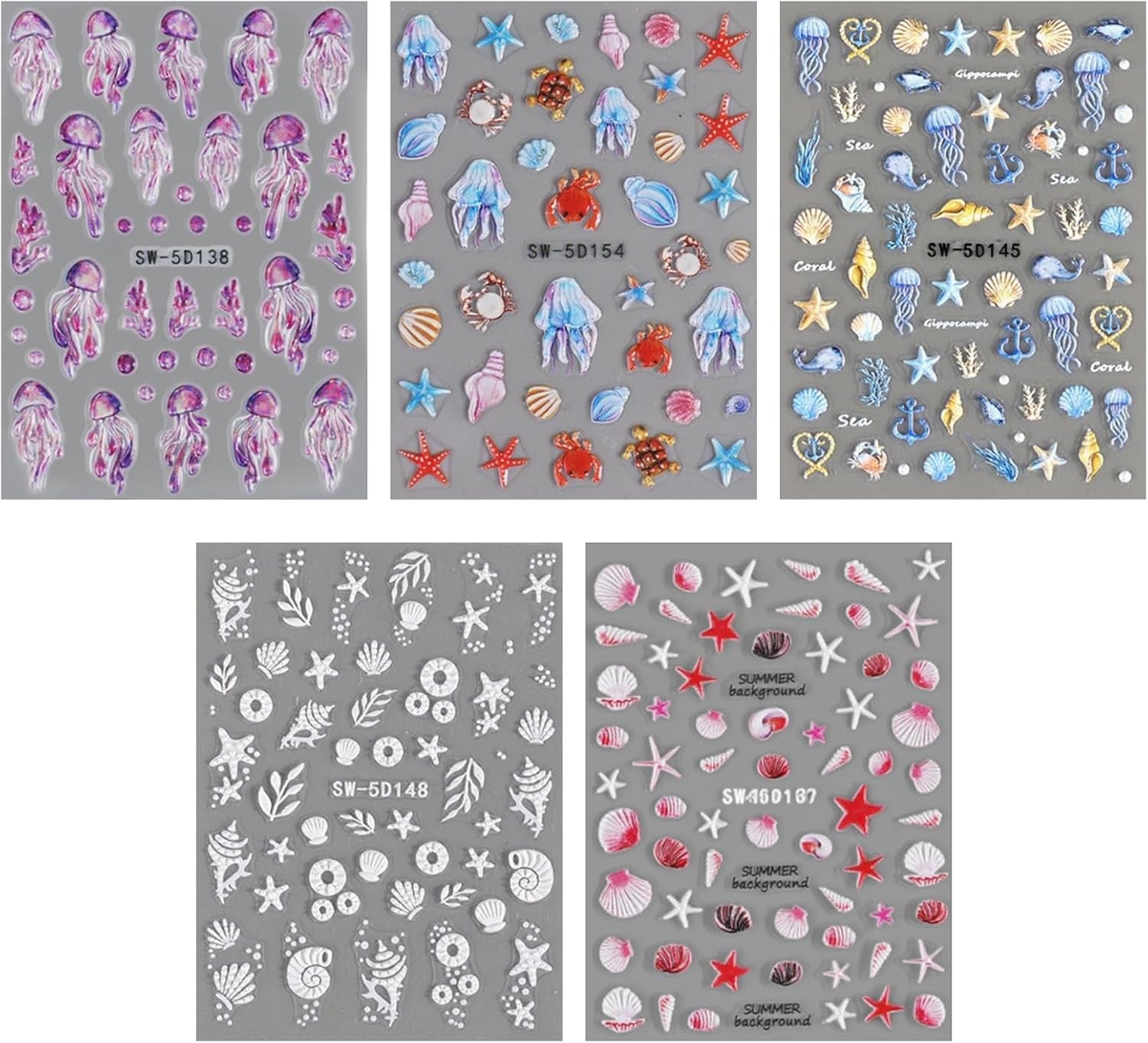5ks 5D embosované samolepky na nehty Ocean Pattern Nail Charms Ocean Summer Samolepky na nehty Mušle Sea Animals Roztomilé samolepky na nehty Design Příslušenství