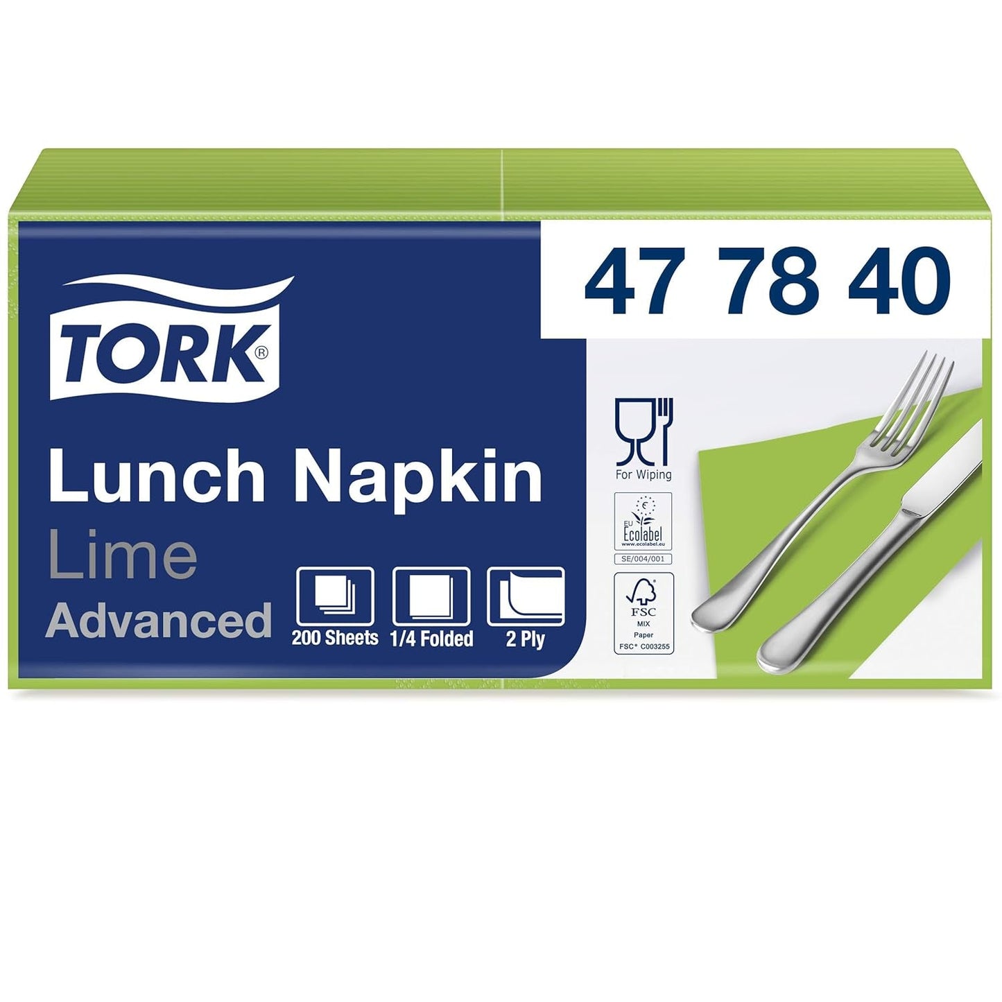 Tork 477840 Limetkové ubrousky na oběd / 2vrstvé ubrousky pro malá jídla nebo svačiny / Pokročilá kvalita / 10 x 200 (2000) papírové ubrousky / 32,6 x 33 cm (d x š) / 1/4 skládání