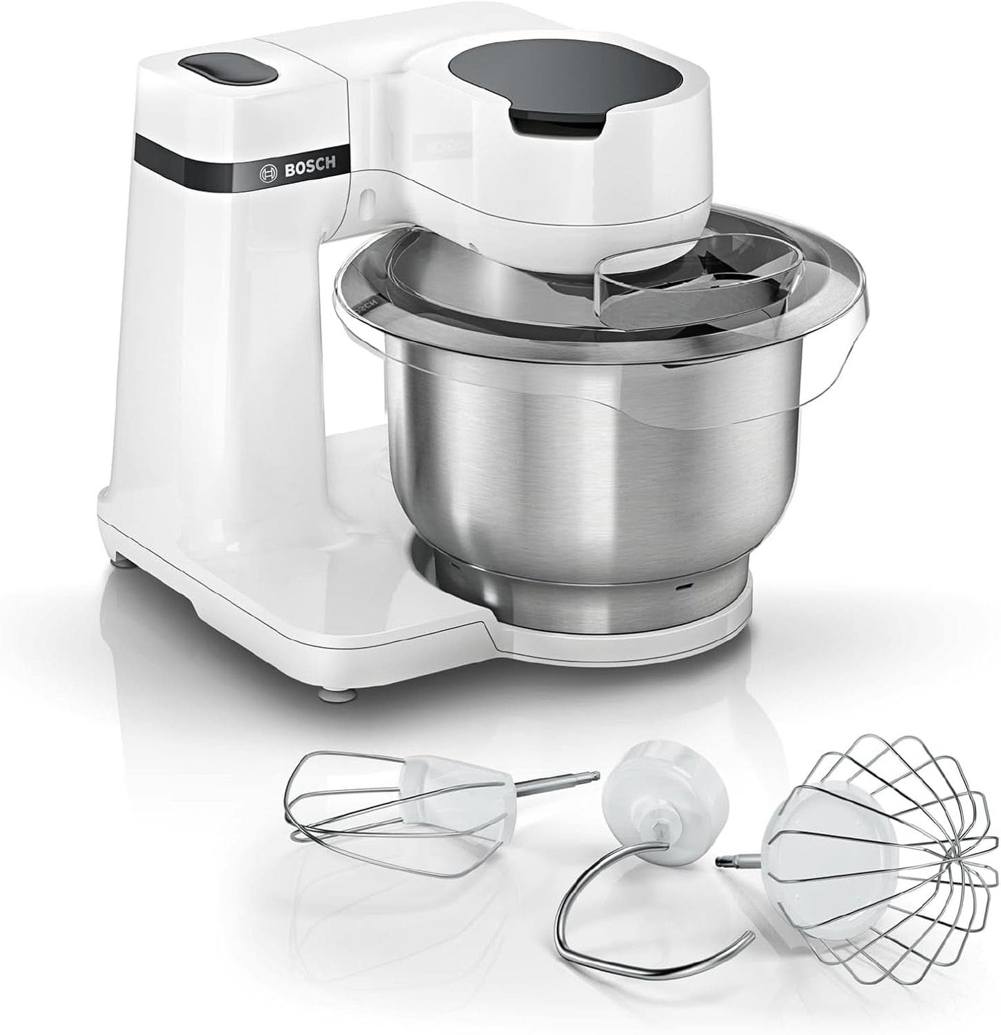 Bosch Küchenmaschine Serie 2 MUMS2EW00, Edelstahl-Schüssel 3,8 l, Planetenrührwerk, Knethaken, Schlag-, Rührbesen Edelstahl, 4 Arbeitsstufen, Durch Optionales Zubehör Erweiterbar, 700W, Weiß Kitchen