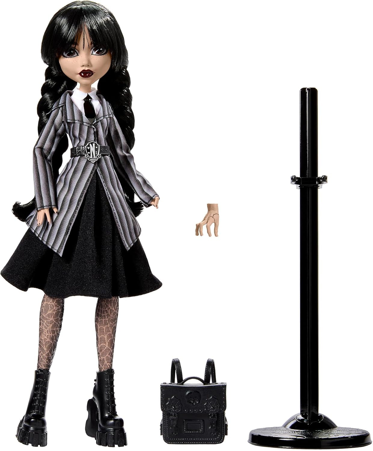 Panenka Monster High Wednesday a doplňky Sběratelská figurka Wednesday Addams v Uniformě Akademie Nevermore s ledově chladnou rukou a stojanem na panenky HXJ04 Naty Shop Dolls