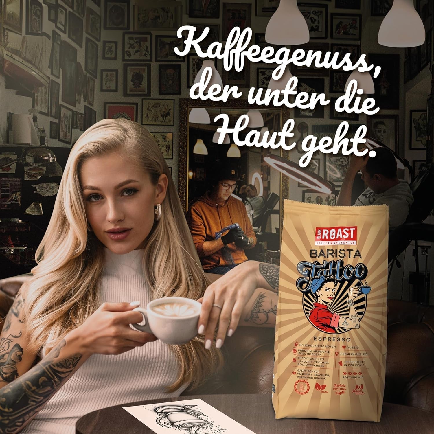 BLANK ROAST - Barista Tattoo Espresso - 1000 g - im Langzeit Trommel-Röstverfahren geröstet - Bohnen aus den besten Anbaugebieten - Premium Arabica & Edel Robusta - schokoladig & nussig - säurearm