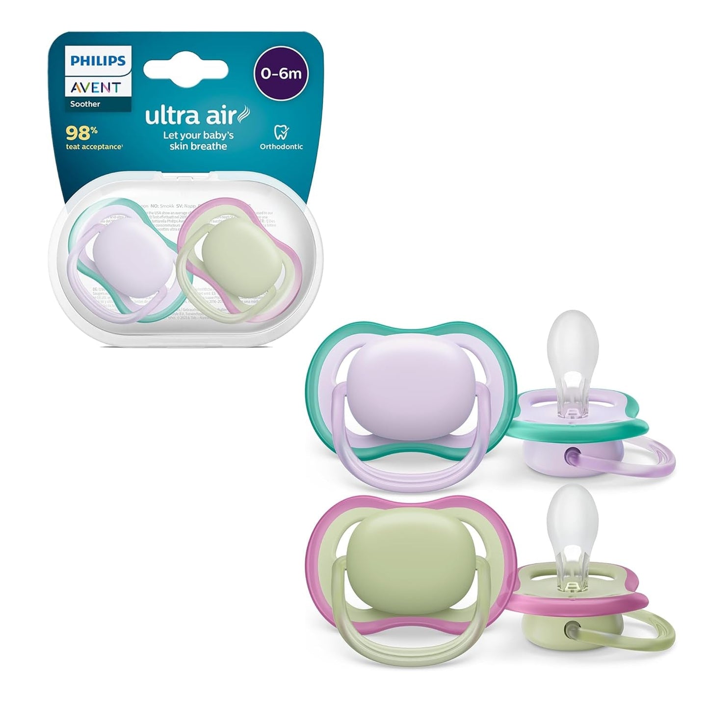 Dudlíky Philips AVENT ultra air – lehké a prodyšné dudlíky pro děti ve věku 0–6 měsíců, bez BPA, s přenosným pouzdrem jako sterilizátor, 2 balení, model SCF085/24