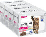 Perfect Fit Adult 1+ výběr mokrého krmiva s lososem, hlubinnými rybami, hovězím a kuřecím masem, 48 sáčků, 12x85g (balení po 4 ks) - Prémiové vlhké krmivo pro dospělé kočky od 1 roku věku