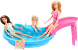 Panenka Barbie a doplňky - bazén se skluzavkou a doplňky pro hodiny zábavy na slunci, růžové plavky s tropickým designem, pro děti od 3 let, HRJ74 Naty Shop Dollhouses