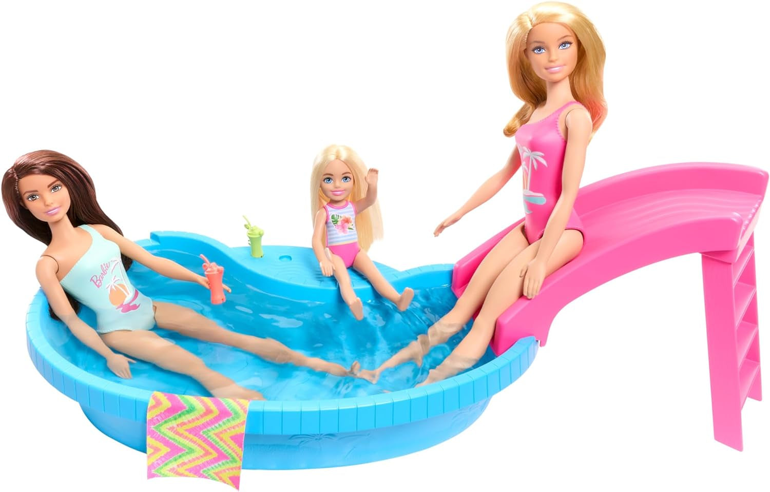 Panenka Barbie a doplňky - bazén se skluzavkou a doplňky pro hodiny zábavy na slunci, růžové plavky s tropickým designem, pro děti od 3 let, HRJ74 Naty Shop Dollhouses